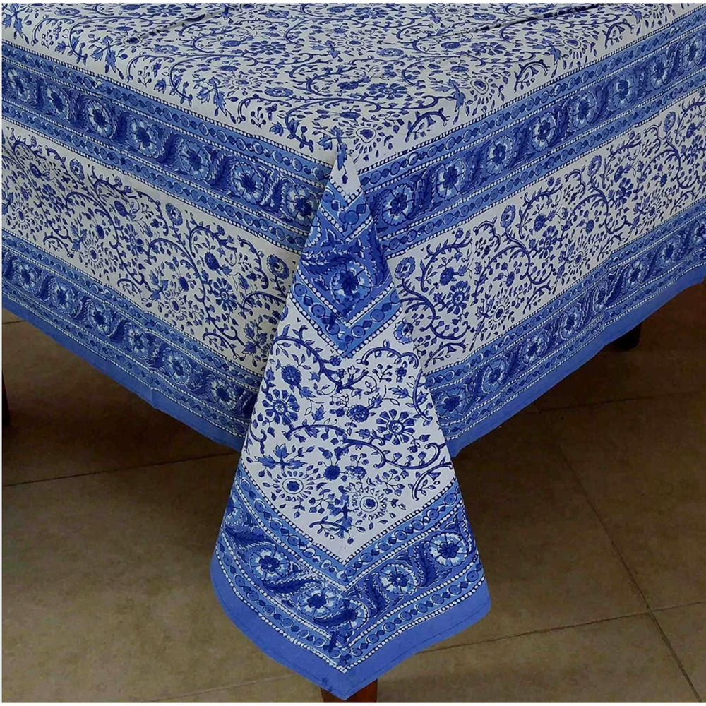 Homestead Rajasthan Block Print Rectangle 100% Cotton Tablecloth 60" x 90" Blue